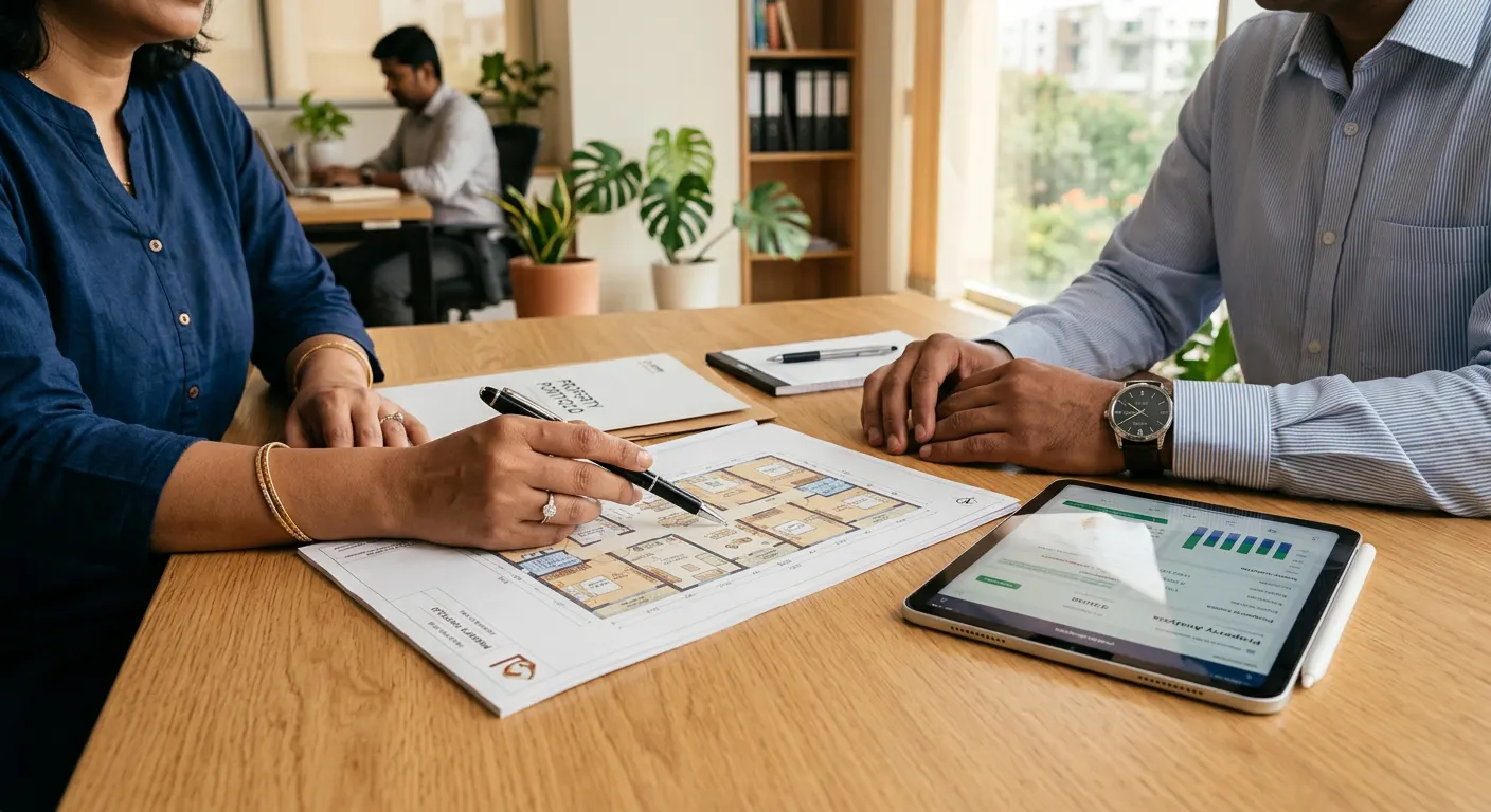 Illustrative image of a property consultation with floor plans on a table