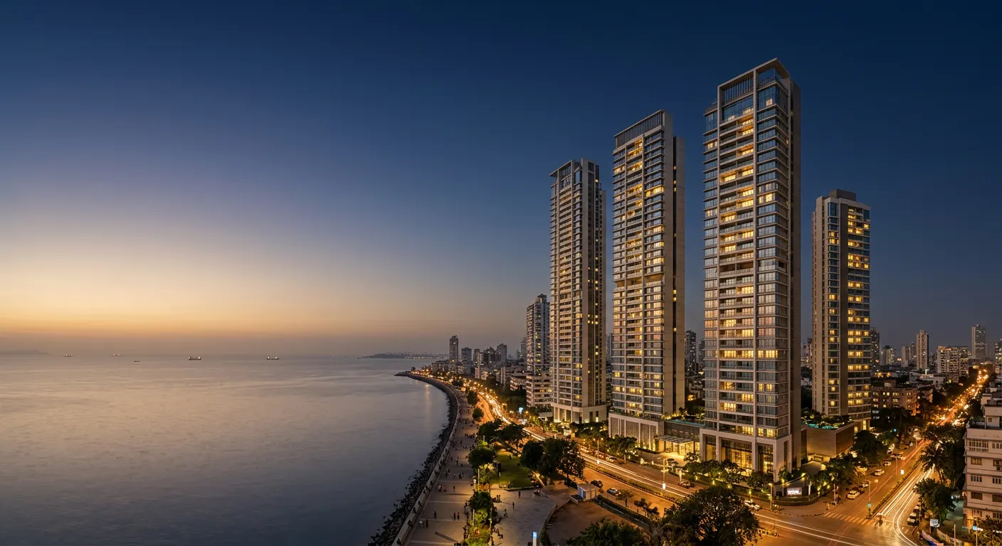 Modern residential towers in Mumbai at dusk with warm interior lights